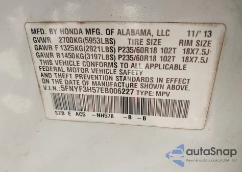 2014 Honda Pilot Ex-L z USA, uszkodzony, nr VIN 5FNYF3H57EB006227